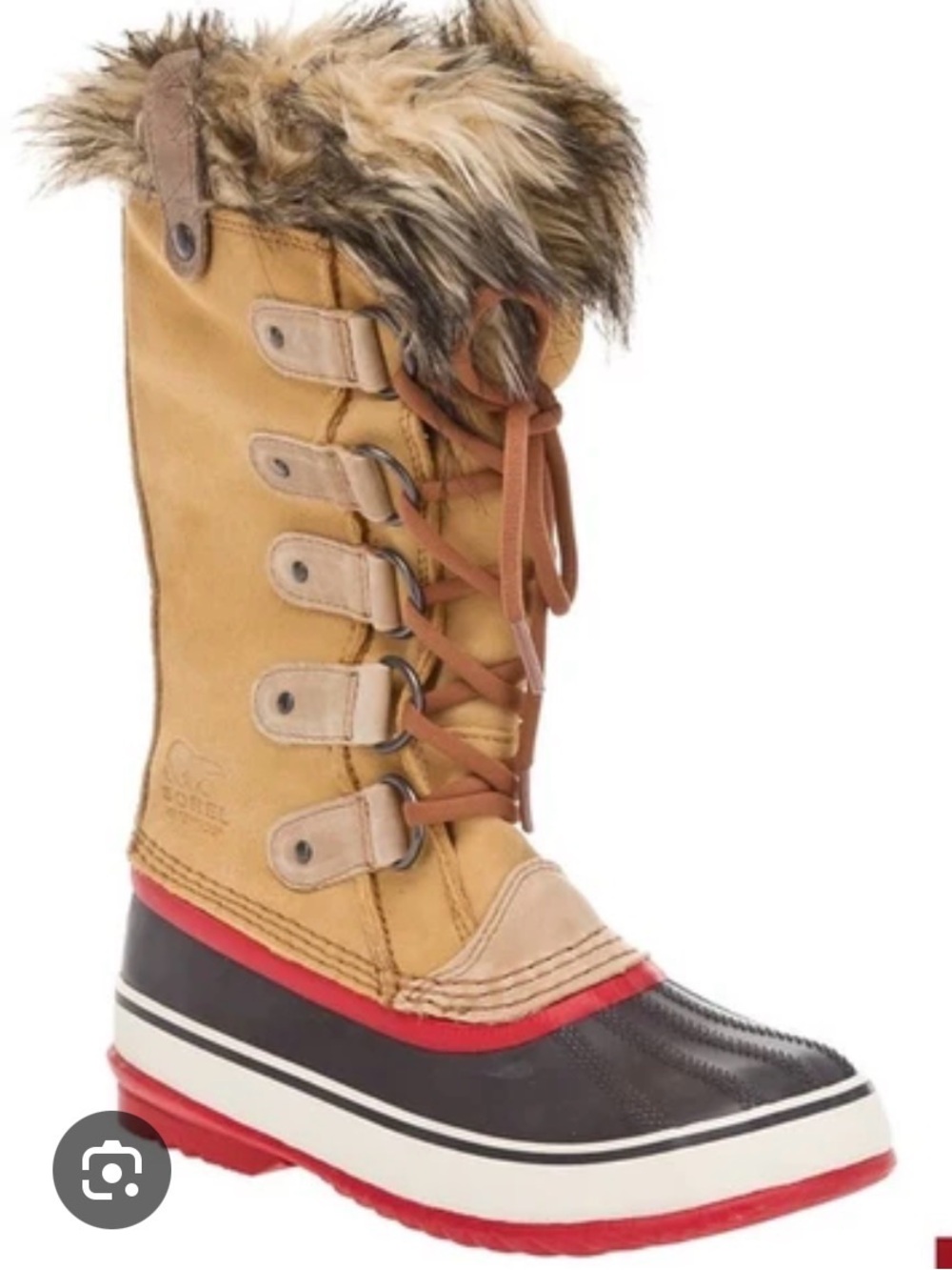 Sorel Joan of Arctic Two-Tone Tan, Black & Red Faux Fur-Trim Winter Boots